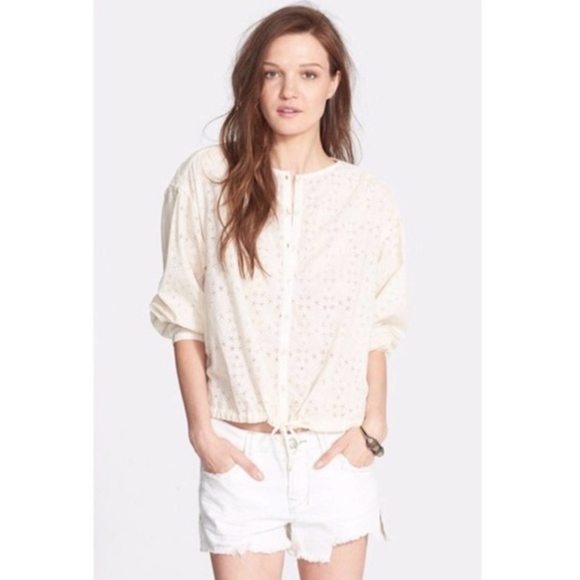 $98 Free People Stars Align Eyelet Top Button Down Shacket or Blouse Light Airy - Picture 2 of 4
